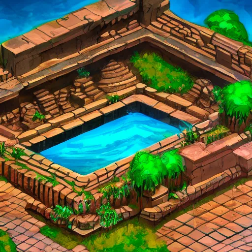 Image similar to a pool in a ancient ruins, retrowave art, trending on art station
