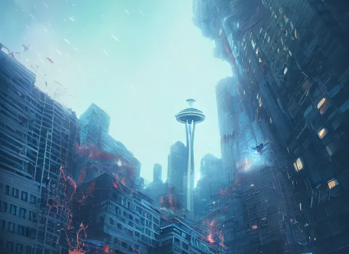 Image similar to seattle being attacked by a giant, by beeple and maciej kuciara and greg rutkowski