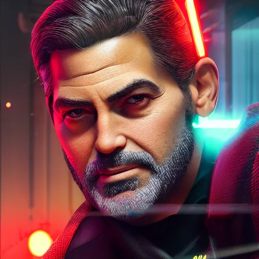Image similar to young george clooney portrait, cyberpunk 2 0 7 7, cyberpunk jackie welles, photorealistic, ultra detailed, neon, octane, bokeh, cinematic lighting, cyber, cyberpunk city, studio quality, feature, scars, cyberface, 8 k