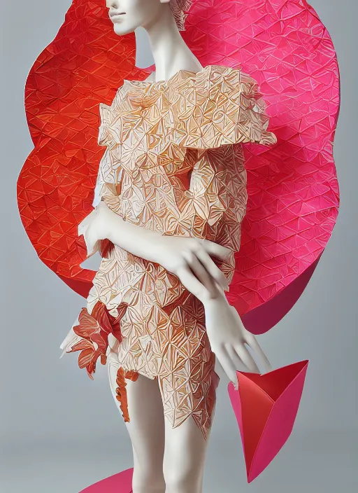 Prompt: portrait of a beautiful ceramic female tiger model wearing sakura and peach ( ( origami themed paper flower ) ) and metallic shapes haute couture by issey miyake