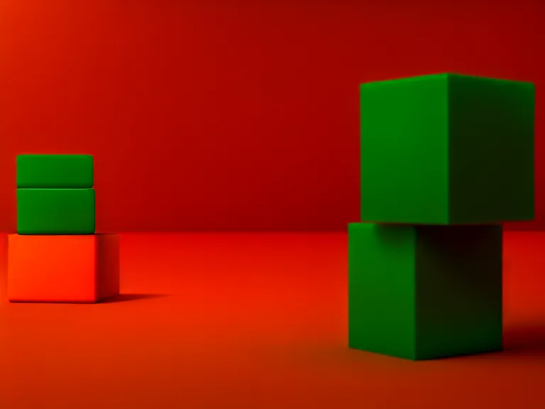 Image similar to a 3 d render of a stack of green cubes on the left and an orange ball on the right in a red room, blender, ue 5, octane render, trending on artstation