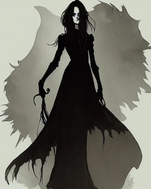 Prompt: style of abigail larson : : gorgeous willa holland : : evil witch, swirling black magic, black dress : : symmetrical face, symmetrical eyes : : full body pose : : gorgeous black hair : : magic lighting, low spacial lighting : :