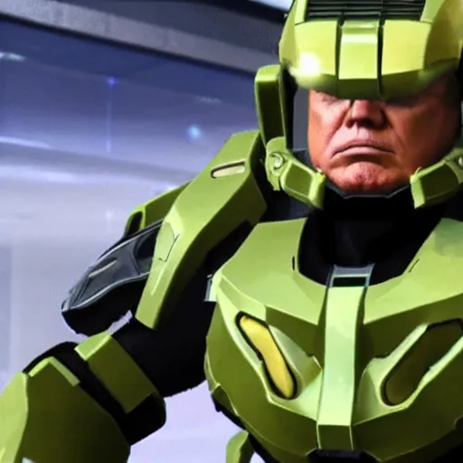 Image similar to Donald Trump wearing the suit of Master Chief from Halo with the helmet off, gameplay screenshot, cinematic trailer, E3