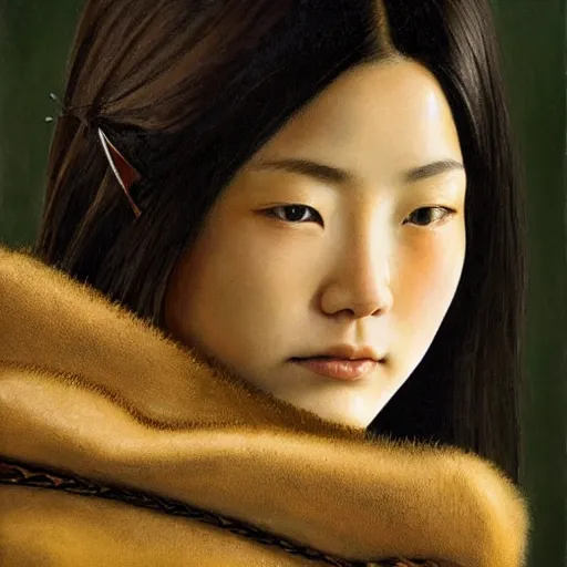 Image similar to perfect, realistic oil painting of close-up japanese young woman wearing leather jacket, in LOTR