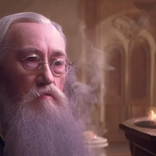 Prompt: A cinematic shot of a really high Dumbledore smoking the dankest weed knowing to mankind