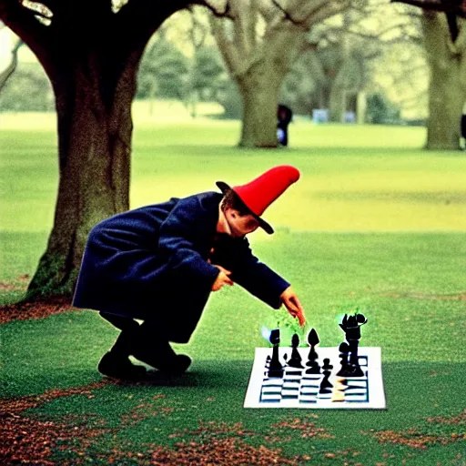 Prompt: portrait photo of a clown playing chess in a park by annie liebovitz,