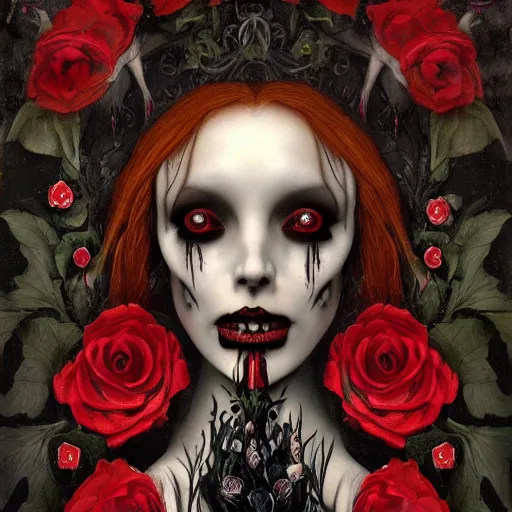 Prompt: A amazing elegant fantasy Fairy Tale Macabre painting singularity portrait of goddess with death, black roses, blood red roses by hans memling, Giusto de' Menabuoi,and william basso trending on artstation, rendering in dark art, gothic, acrylic painting, Floral Shabby Exotic oriental pattern motley, singular moonlight night background