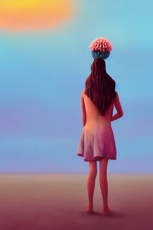 Image similar to closeup huge dahlia flower head, girl standing on beach, surreal photography, blue sky, sunrise, dramatic light, impressionist painting, digital painting, artstation, simon stalenhag