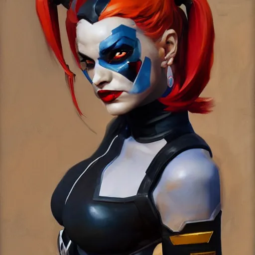 Prompt: greg manchess portrait painting of armored harley quinn as overwatch character, medium shot, asymmetrical, profile picture, organic painting, sunny day, matte painting, bold shapes, hard edges, street art, trending on artstation, by huang guangjian and gil elvgren and sachin teng