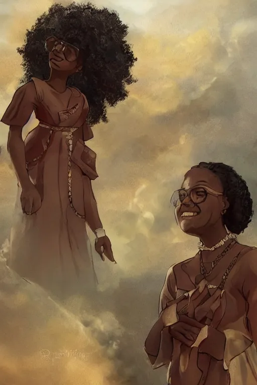 Prompt: a black woman ancestor watching her kids from the sky ( ( ( ( volumetric light ) ) ) ), high angle, part by pearl fryar, part by prince damah, sunny day, trending on artstation, cinematic view, illustration, painting.