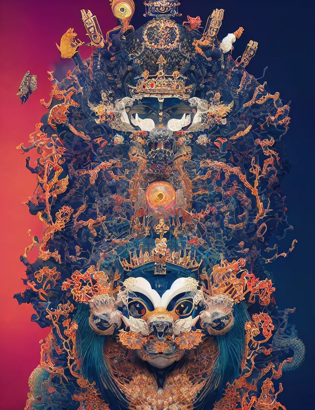 Image similar to the yey of god portrait with mask and crown made of ram skull. beautiful intricately detailed japanese crow kitsune mask and clasical japanese kimono. betta fish, jellyfish phoenix, bioluminescent, plasma, ice, water, wind, creature, super intricate ornaments artwork by tooth wu and wlop and beeple and greg rutkowski