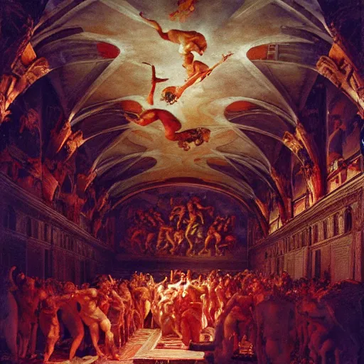 Prompt: the sistine chapel breaks open in half in the ceiling as a red magical portal from hell opens up, lucifer morningstar emerges along with hordes of demons, the priests and the pope look at the scene with terror in their eyes. highly detailed painting by gaston bussiere, greg rutkowski, craig mullins 8 k