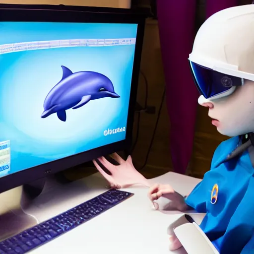 Image similar to A dolphin wearing a chemist outfit playing games on a computer