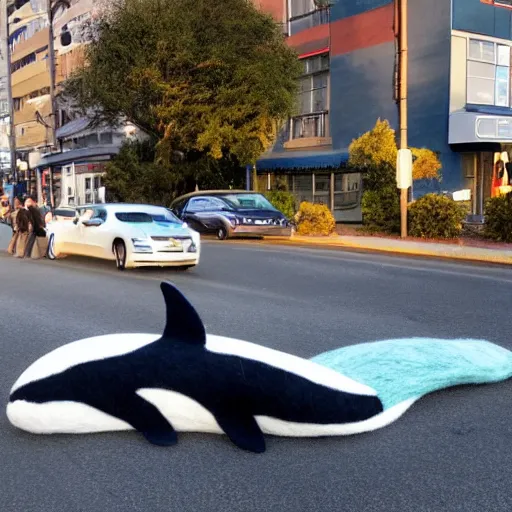 Image similar to photo of an enormous full sized needle - felted killer whale crossing a busy street golden hour