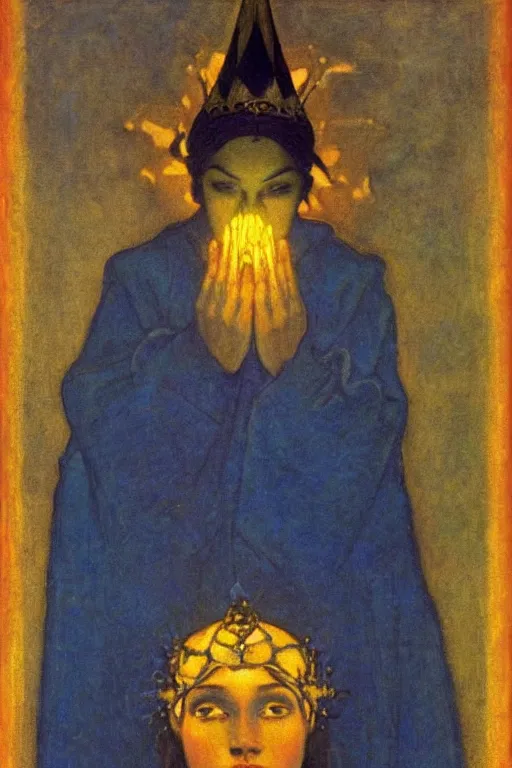 Image similar to child of darkness with their crown and lantern, by Nicholas Roerich and Annie Swynnerton and and jean delville, dramatic cinematic lighting , ornate headdress , flowing robes, sacred artifacts, lost civilizations, smooth, sharp focus, extremely detailed