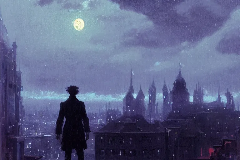 Image similar to a monster silhouette in the sky above a victorian city, scene in a rainy night. full moon, 1 8 9 0, key visual, conceptart, ambient lighting, highly detailed, digital painting, artstation, concept art, sharp focus, by makoto shinkai and akihiko yoshida and greg manchess