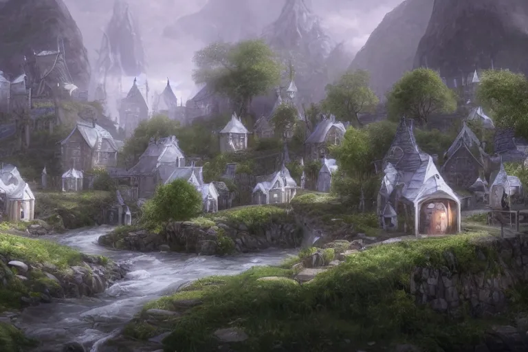 Image similar to A small elven village with white rectangular architecture in an open field, a winding white pathwalk and a small brook running through, clear blue skies in the background, by Sylvain Sarrailh and Samantha Kung, D&D, high fantasy, 8k photorealistic, cinematic lighting, HD, high details, concept art, trending on artstation