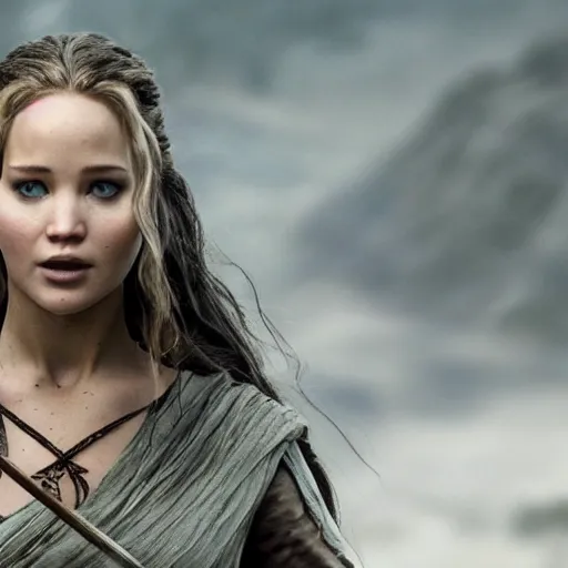 Image similar to first photos of 2 0 2 4 female lotr remake show 3 starts - jennifer lawrence as aragorn, megan fox as aragorn and florence pugh as gimli, ( eos 5 ds r, iso 1 0 0, f / 8, 1 / 1 2 5, 8 4 mm, postprocessed, 4 k )