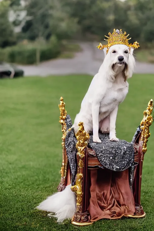 Prompt: a dog sitting on a throne with a crown on its head, professional photography