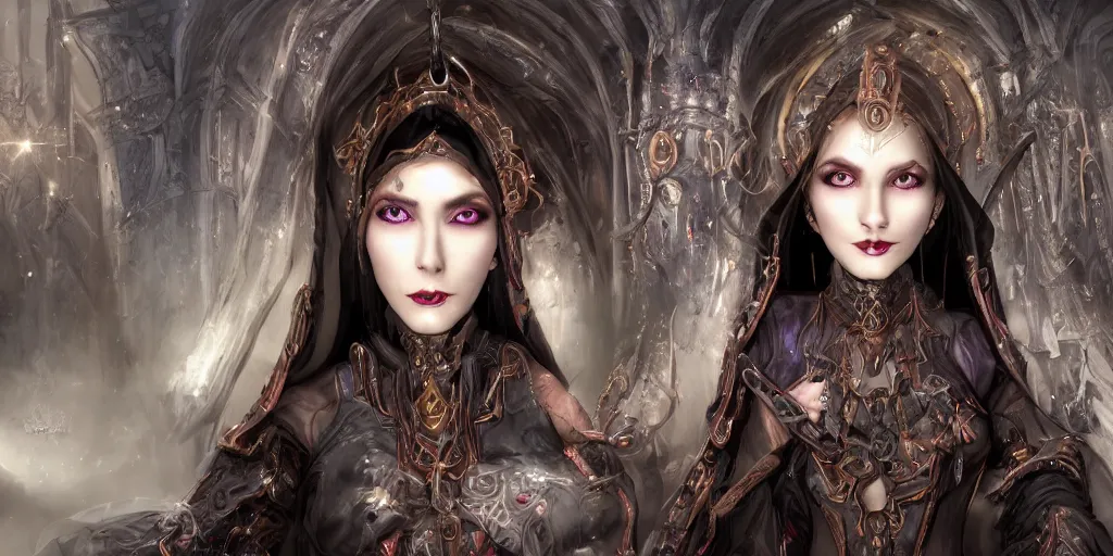 Image similar to minatory precipice cyber sisters of Moria, cyber embellishment, beautiful woman face, 8k resolution