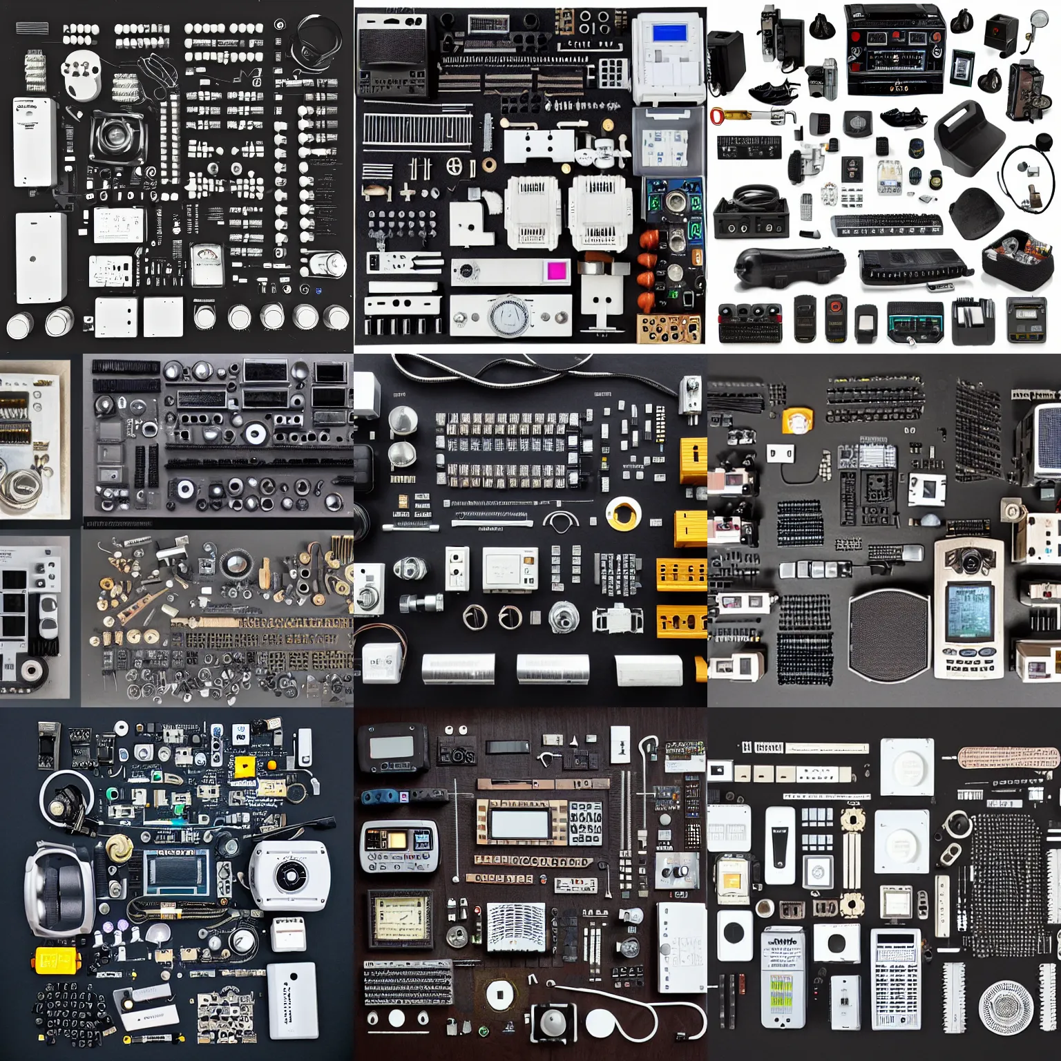 Prompt: a knolling photo of all the components from a Radio