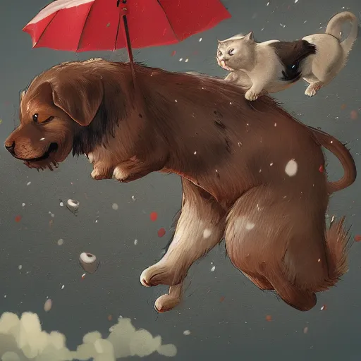 Prompt: giant cats and dogs are falling from the sky like rain, bystanders watching from the sides, 4 k, by miyazaki, monokubo, artstation,