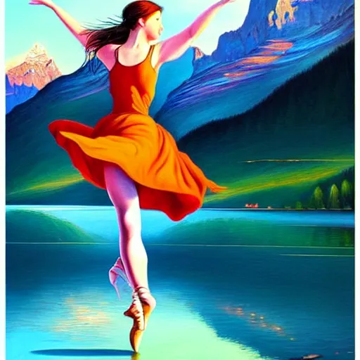 Image similar to a painting of a young woman dancing in front of a beautiful lake in switzerland, mountains on the background, high quality oil painting artstyle, feminine, delicate, hyperdetailed, in the style of artgerm, deviantart, figurative art, deviantart, ilya kuvshinov, lovecraftian