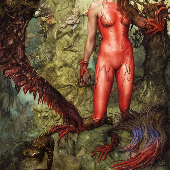 Prompt: a portrait photograph of natalie dormer as a brightly colored harpy salamander hybrid with wet mutated skin. wearing a prosthetic organic catsuit. by tom bagshaw, donato giancola, hans holbein, walton ford, gaston bussiere, brian froud, peter mohrbacher and magali villeneuve. 8 k, cgsociety