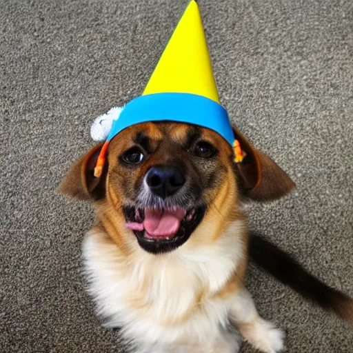 Prompt: dog wearing a party hat