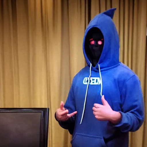 Prompt: A guy with a hoodie and a crowbar with a screen on his face at the DEF CON conference in Las Vegas