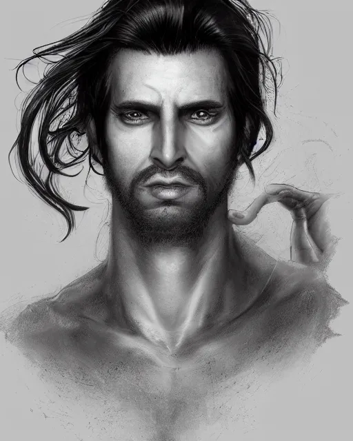 Image similar to portrait of tall, 3 3 - year - old handsome man with long dirty black hair, and grey eyes, wearing black clothes, no beard, hyper realistic face, aristocratic appearance, beautiful eyes, character art, art by mark brooks, hyperdetailed, cryengine, trending on artstation, digital art