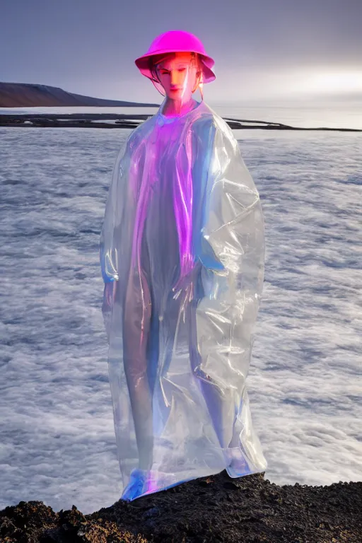 Image similar to an ultra high definition professional high fashion portrait studio full length photograph of a model wearing a transparent pearlescent raincoat and neon visor in an icelandic black rock environment at dawn. no artefacts. extremely detailed. stark. refraction. shallow depth of field. volumetric light and shadow. ray tracing. light rays.