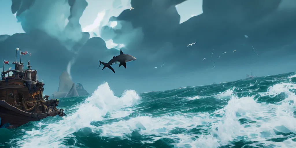 Image similar to a shark flying in the sky in a rough sea, sea of thieves style, unreal engine, cinematic, waves, fog, clouds, rain