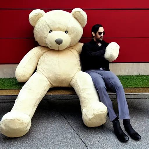 Prompt: sad keanu sitting on bench with huge stuffed teddybear, wide angle