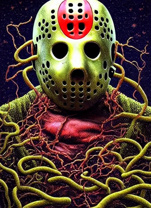 Prompt: hyper detailed 3d render like a Oil painting - Jason Voorhees (Friday the 13th) seen Eating of the Strangling network of yellowcake aerochrome and milky Fruit and Her delicate Hands hold of gossamer polyp blossoms bring iridescent fungal flowers whose spores black the foolish stars by Jacek Yerka, Mariusz Lewandowski, Houdini algorithmic generative render, Abstract brush strokes, Masterpiece, Edward Hopper and James Gilleard, Zdzislaw Beksinski, Mark Ryden, Wolfgang Lettl, hints of Yayoi Kasuma, octane render, 8k