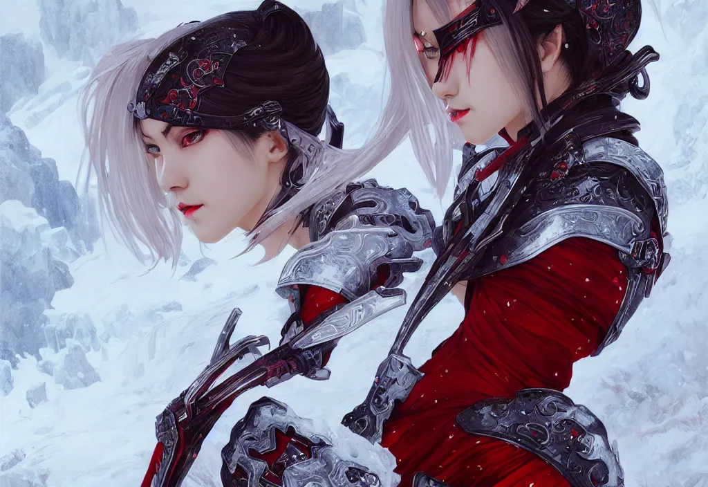 Prompt: portrait attractive ninja gaiden girl, armored white and red ninja wardrobe, at snowy fuji mountain, ssci - fi and fantasy, intricate and very very beautiful, detailed, digital painting, artstation, concept art, smooth and sharp focus, illustration, art by tian zi and wlop and alphonse mucha