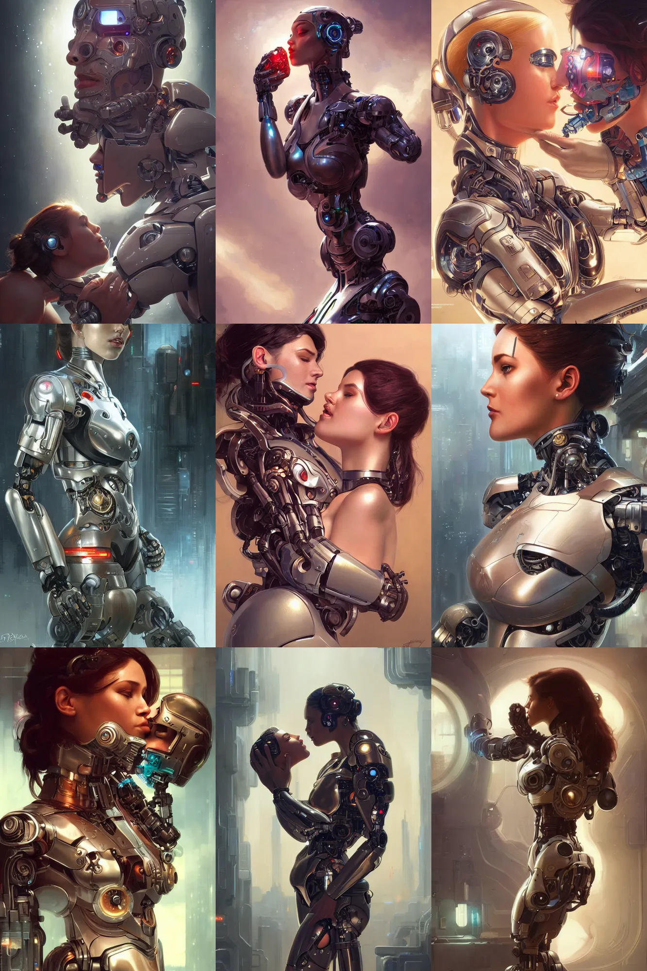 Prompt: Ultra realistic illustration, cyborg woman kissing a robot, cyberpunk, sci-fi, fantasy, intricate, elegant, highly detailed, digital painting, artstation, concept art, smooth, sharp focus, illustration, art by artgerm and greg rutkowski and alphonse mucha
