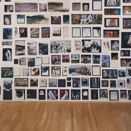 Prompt: art installation in modern gallery, thousands of polaroids on walls of imagined dreams