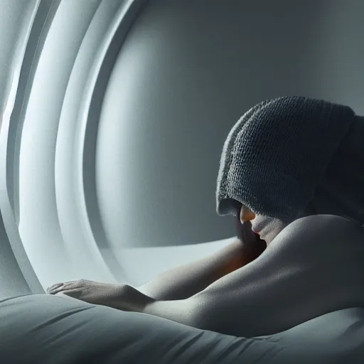 Image similar to a woman lying inside a hibernation pod, side view, in the style of blade runner, high tech, photoreal, dramatic lighting, unreal engine 5, octane rendering, ray tracing - w 1 0 2 4