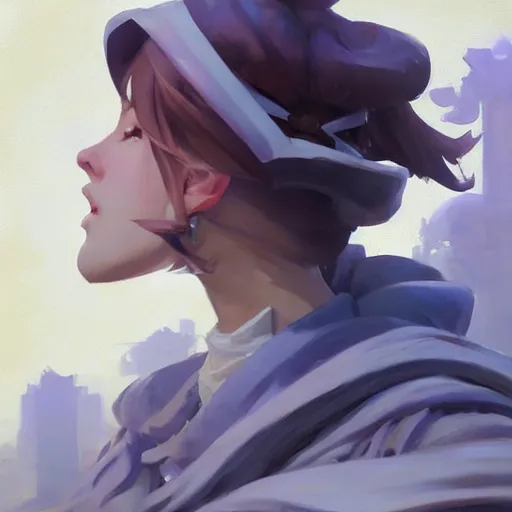 Image similar to greg manchess portrait painting of violet evergarden as overwatch character, totally whack, medium shot, asymmetrical, profile picture, organic painting, sunny day, matte painting, bold shapes, hard edges, street art, trending on artstation, by huang guangjian and gil elvgren and sachin teng