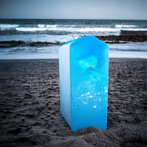 Image similar to refrigerator made of blue sand on the beach with a nebula inside