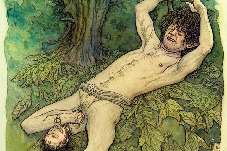 Prompt: a realistic and atmospheric watercolour fantasy character concept art portrait of bilbo baggins lying on his back freaking out with a pot leaf nearby, by rebecca guay, michael kaluta, charles vess and jean moebius giraud