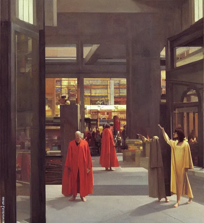 Image similar to motion controlled camera in transparent robes, in magnificent shopping mall, oil painting by edward hopper, zdislav beksinski, wayne barlowe