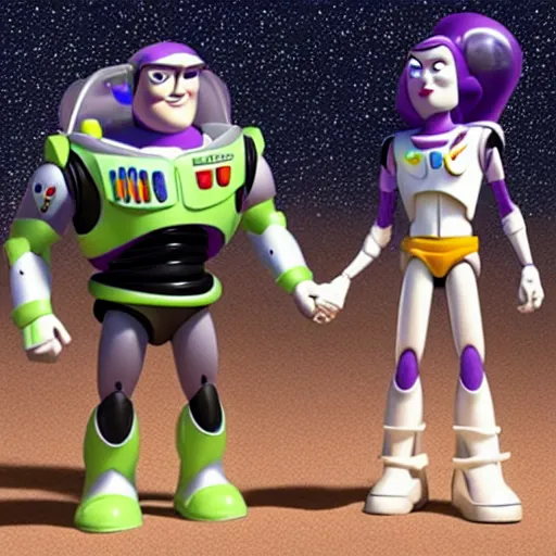 Image similar to buzz lightyear and rey skywalker holding hands