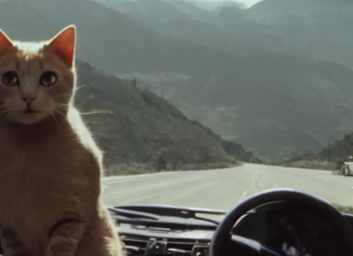 Image similar to A very high resolution image from a new movie, a cat driving a car around, inside of a car , mountains, Polaroid, directed by wes anderson