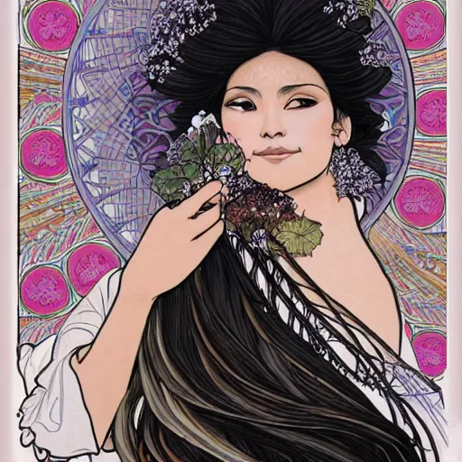 Prompt: Beautiful illustration of a Mexican woman of 40 years old, with curly black and silver hair, the woman has beautiful black eyes, her skin is light brown, she is dressed in shaman clothes, in the style of yoshitaka amano and alfons mucha