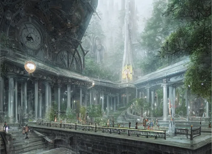 Image similar to A train subway inside a beautiful elven city made of white marble, anime, lush trees, fountain, statue, big clock, information desk, trains, a fantasy digital painting by Greg Rutkowski and James Gurney, trending on Artstation, highly detailed