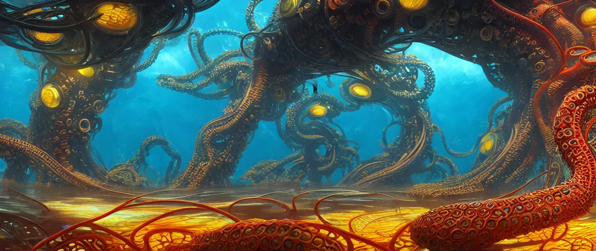 Image similar to hyperrealistic ornate underwater bio-synthetic city of atlantis on giant orange and yellow cyborg tentacles matte painting concept art alex grey hajime sorayama cinematic soft red lighting low angle hd 8k sharp shallow depth of field