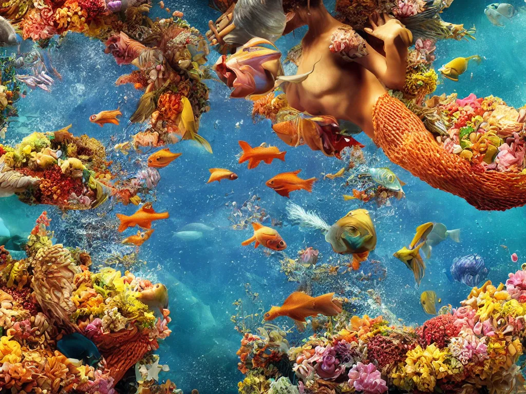 Image similar to a sculpture of fish ocean intertwined, a lovely cornucopia of flowers and human body parts, body parts, authentic, highly detailed, octane render, cinematic, shock, sharp focus, ball, an independent psycho,