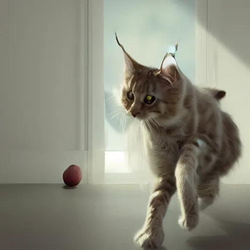 Image similar to cream color maine coon cat chasing a cat-toy-ball in a sunlit bedroom, desaturated, digital art in style of Ruan Jia, trending on art station